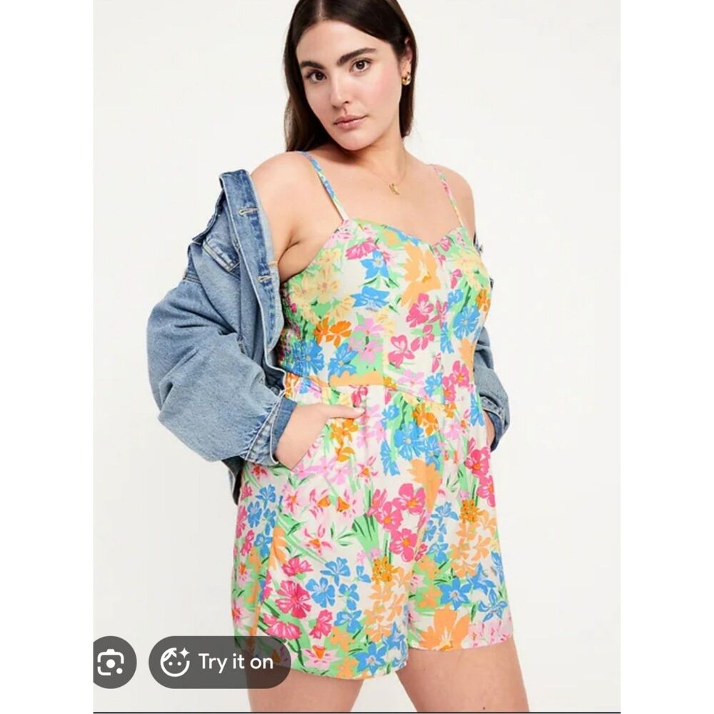 Old Navy Fit Flare Bright Floral Romper Smocked Linen Blend Pockets Women XXL